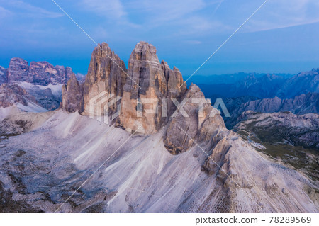 National Nature Park Tre Cime In the Dolomites Alps. Beautiful nature of Italy. Aerial view at sunset evening light 78289569