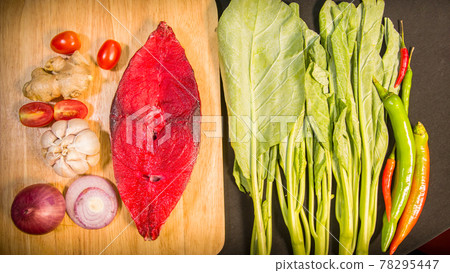 top view Fresh fish fillet on a cutting board. 78295447
