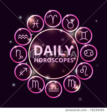 zodiac signs collection, round horoscope symbols icons shining on dark background zodiac signs collection, round horoscope symbols icons shining on dark background 78299485