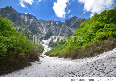 從谷川岳一倉澤大合附近看初夏的一倉澤雪谷和岩壁 從谷川岳一倉澤大合附近看初夏的一倉澤雪谷和岩壁 78299682