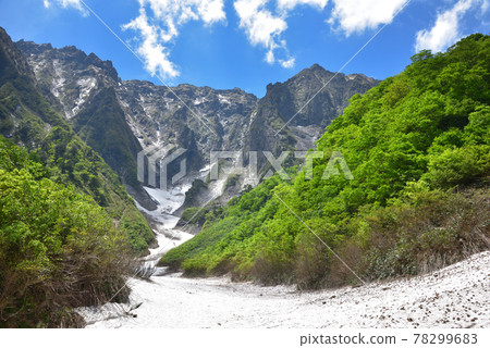 從谷川岳一倉澤大合附近看初夏的一倉澤雪谷和岩壁 從谷川岳一倉澤大合附近看初夏的一倉澤雪谷和岩壁 78299683