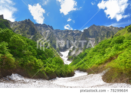 從谷川岳一倉澤大合附近看初夏的一倉澤雪谷和岩壁 從谷川岳一倉澤大合附近看初夏的一倉澤雪谷和岩壁 78299684