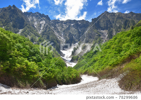 Snowy valley and rock wall of Ichinokurazawa in early summer seen from the vicinity of Tanigawadake Ichinokurazawa Deai 78299686
