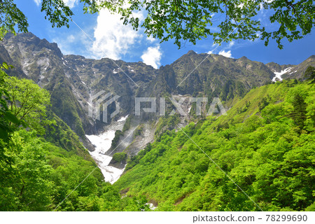 從谷川岳一倉澤大合附近看初夏的一倉澤雪谷和岩壁 從谷川岳一倉澤大合附近看初夏的一倉澤雪谷和岩壁 78299690