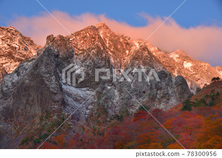 谷川岳一倉澤的岩壁和一倉山脊在朝陽下染紅 78300956