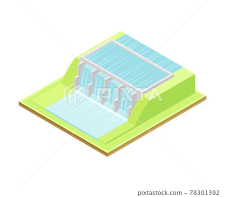 Hydropower or Water Power Station as Ecological Resource of Electric Power Isometric Vector Illustration 78301392