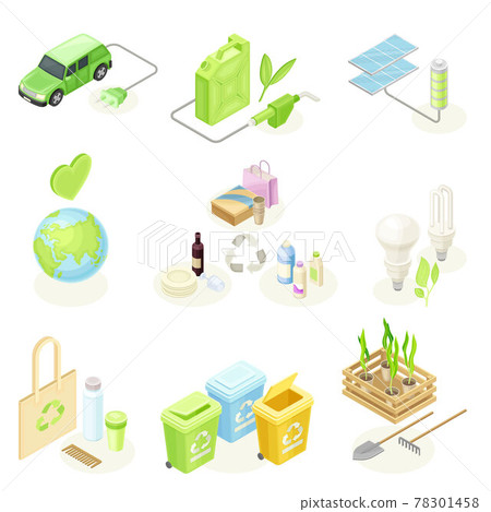 Ecology and Environment Protection and Conservation with Recycling, Electric Car and Solar Panel Isometric Vector Set 78301458
