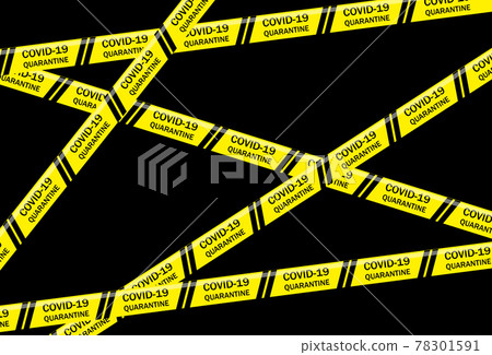 Biohazard Coronavirus yellow warning tapes against black background. Worldwide pandemic COVID-19, 2019-nCoV, SARS-CoV-2. Infectious disease. Close up 78301591