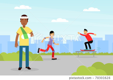 Disabled Teenager Boy with Hand Fracture Having Bandage Standing Outdoor Vector Illustration 78301628
