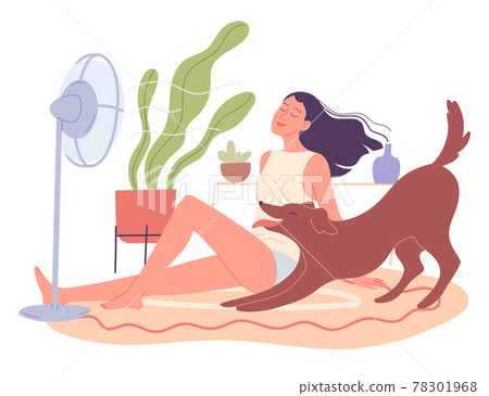 Girl and her dog are chilling at home by the fan Girl and her dog are chilling at home by the fan 78301968