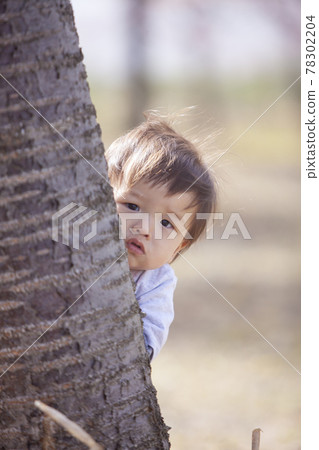 Baby playing in the cherry blossom park 78302204