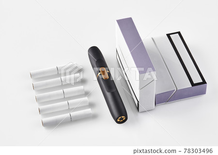 New generation black electronic cigarette, two packs with purple sides and five heatsticks isolated on white. Heating tobacco system. Close up 78303496