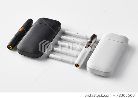 New generation, black and white, two electronic cigarettes and two batteries, five heatsticks isolated on white. Heating tobacco system. Close up 78303506