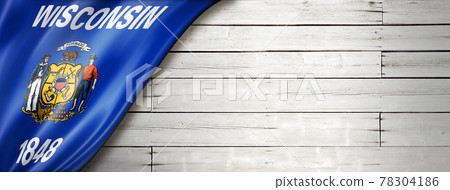 Wisconsin flag on white wood wall banner, USA 78304186