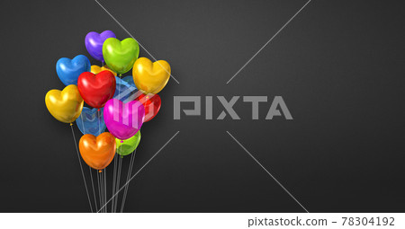 Colorful heart shape balloons bunch on a black wall background. Horizontal banner. Colorful heart shape balloons bunch on a black wall background. Horizontal banner. 78304192