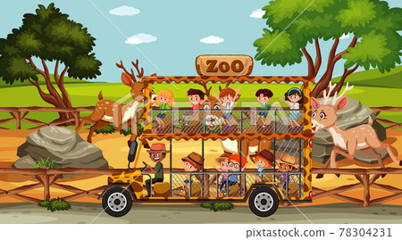 Safari at daytime scene with children in the tourist car 78304231