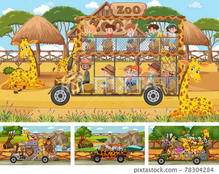 Different safari scenes with animals and kids cartoon character Different safari scenes with animals and kids cartoon character 78304284