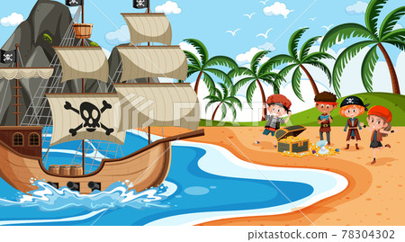 Treasure Island scene at daytime with Pirate kids 78304302