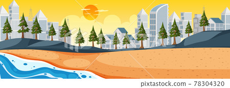 Beach horizontal scene at sunset time with cityscape background 78304320