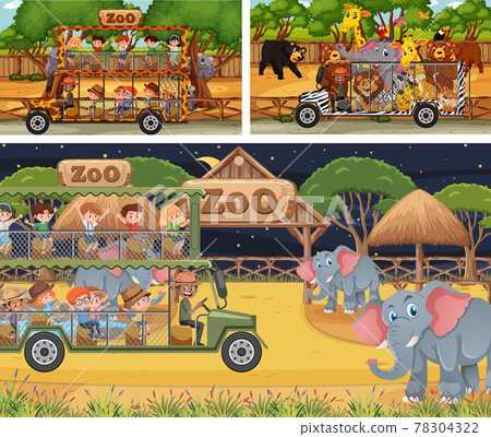 Set of different safari scenes with animals and kids cartoon character 78304322