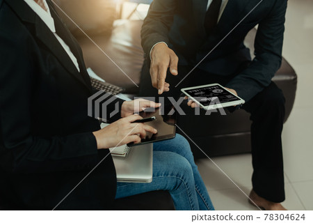 Business concept, Business man and business woman working and meeting with chart at office. Business concept, Business man and business woman working and meeting with chart at office. 78304624