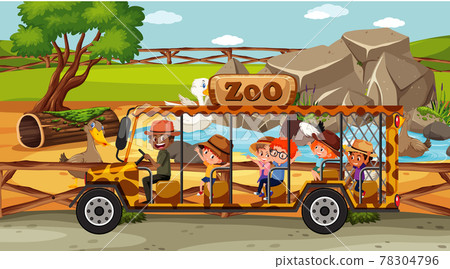Safari scene with children watching duck group Safari scene with children watching duck group 78304796