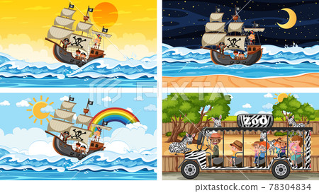 Set of different scenes with animals in the zoo and pirate ship at the sea Set of different scenes with animals in the zoo and pirate ship at the sea 78304834