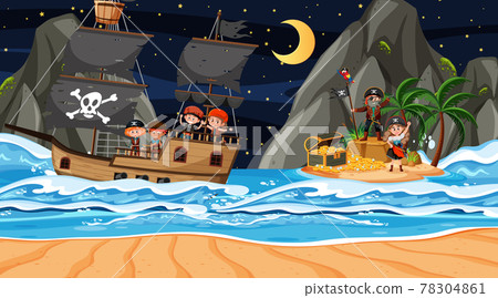 Treasure Island scene at night with Pirate kids... - Stock Illustration ...