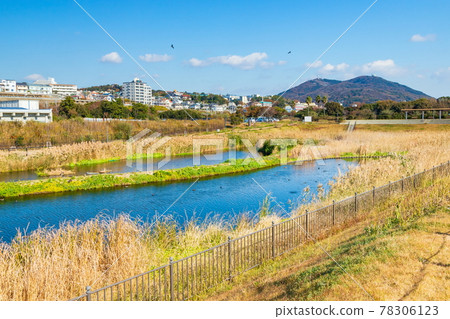 從神戶市垂海區平磯綠地渚池眺望八丈山和鐵海山 78306123