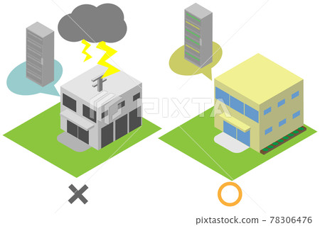 Image of a server taking BCP measures even if there is a power outage due to an isometric lightning strike 78306476