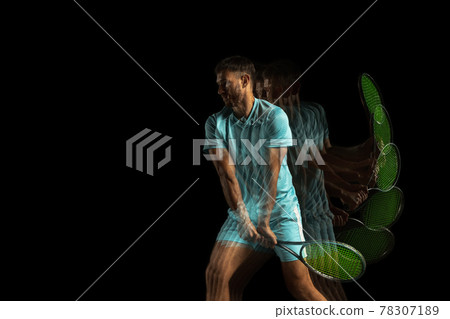 One man, professional tennis player isolated on black background in mixed neon light. Stroboscope One man, professional tennis player isolated on black background in mixed neon light. Stroboscope 78307189
