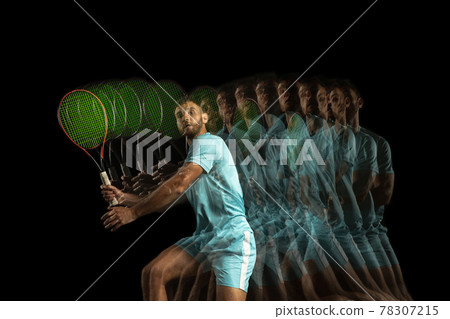 One man, professional tennis player isolated on black background in mixed neon light. Stroboscope One man, professional tennis player isolated on black background in mixed neon light. Stroboscope 78307215