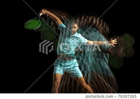 One man, professional tennis player isolated on black background in mixed neon light. Stroboscope 78307265