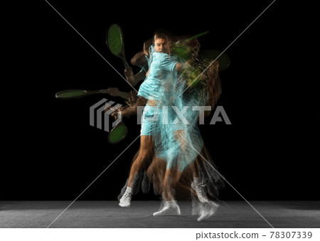One man, professional tennis player isolated on black background in mixed neon light. Stroboscope 78307339