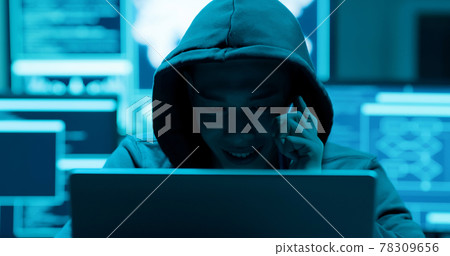 Asian male hacker extorting 78309656