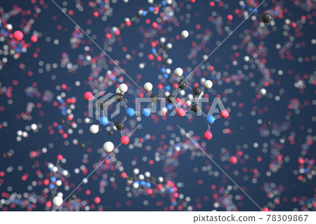 Molecule of Nitrofurantoin. Molecular model, conceptual 3d rendering Molecule of Nitrofurantoin. Molecular model, conceptual 3d rendering 78309867
