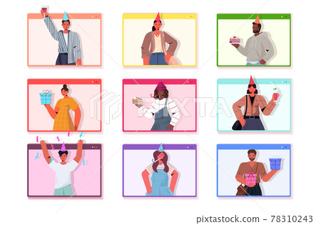 set people in festive hats celebrating online birthday party men women in computer windows having fun 78310243