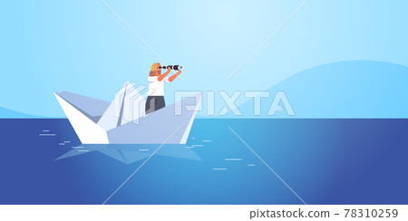 businesswoman sailing on paper boat in sea woman looking in binocular future opportunity leadership concept 78310259