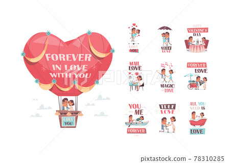 couple in love flying in hot air balloon set... - Stock Illustration ...