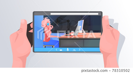 woman in mask giving online speech on tablet screen coronavirus pandemic fight against covid-19 concept 78310502