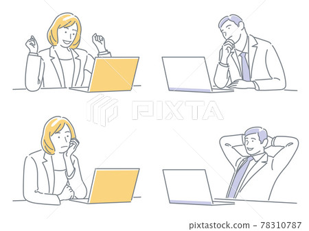 Simple line drawing illustration set for business people using a PC Simple line drawing illustration set for business people using a PC 78310787