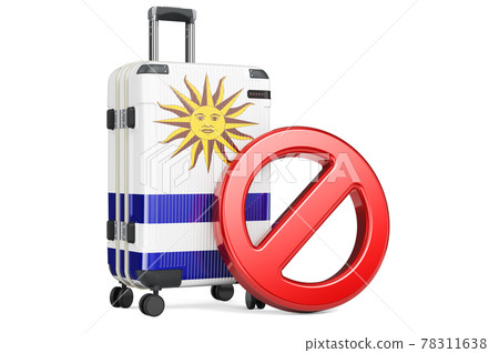 Uruguay Entry Ban. Suitcase with Uruguayan flag and prohibition sign. 3D rendering 78311638