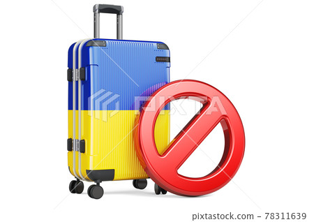 Ukraine Entry Ban. Suitcase with Ukrainian flag and prohibition sign. 3D rendering Ukraine Entry Ban. Suitcase with Ukrainian flag and prohibition sign. 3D rendering 78311639