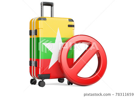 Myanmar Entry Ban. Suitcase with Myanmar flag and prohibition sign. 3D rendering Myanmar Entry Ban. Suitcase with Myanmar flag and prohibition sign. 3D rendering 78311659