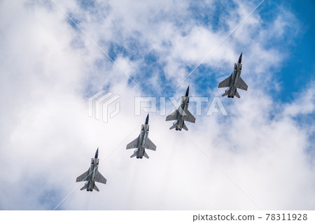 Moscow, Russia - May, 05, 2021: Four MIG-31K with Kh-47M2 Kinzhal missle flying over Red Square during the preparation of the May 9 parade. Moscow, Russia - May, 05, 2021: Four MIG-31K with Kh-47M2 Kinzhal missle flying over Red Square during the preparation of the May 9 parade. 78311928