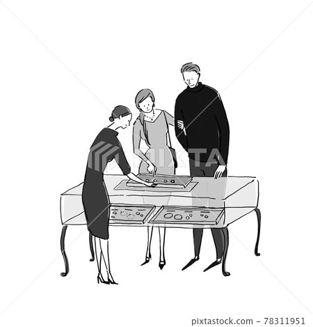 Couples and clerk choosing engagement rings, engagement rings, gifts 78311951