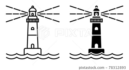 Marine coastal lighthouse. Safe route in shipping area. Simple black and white vector 78312893