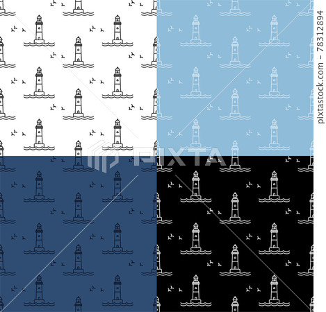 set of seamless patterns with Marine coastal lighthouse. Safe route in shipping area. Ornament for decoration and printing on fabric. Design element. Vector 78312894