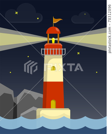 Marine coastal lighthouse illuminates night sea. Safe route in shipping area. Illustration in cartoon style. Vector 78312896