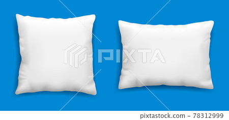Clean white pillows mockup isolated on blue background, vector illustration in realistic style. Square cushion for relaxation and sleep template. Clean white pillows mockup isolated on blue background, vector illustration in realistic style. Square cushion for relaxation and sleep template. 78312999